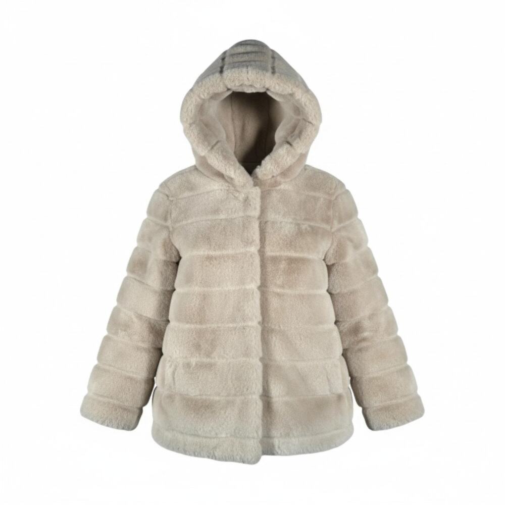 Apparis Goldie 5 Faux Fur Coat Hood Womens Large Tiered Latte Cream Snap Button